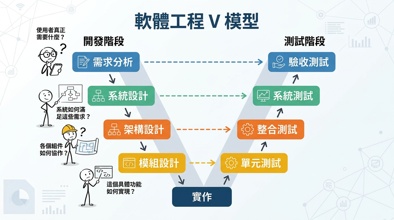 需求分析 ────────────────────── 驗收測試
↓系統設計 ────────────── 系統測試↑
↓架構設計 ────── 整合測試↑
↓模組設計 ── 單元測試↑
實作